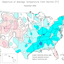 Temperatury w listopadzie na tle historycznej normy <span>(Źródło: Bloomberg) <span>