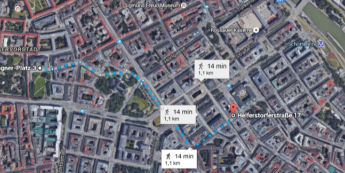 Mapa Wiednia z pieszą trasą z posiedzenia ECB na szczyt OPEC<span>Źródło:Google Maps<span>