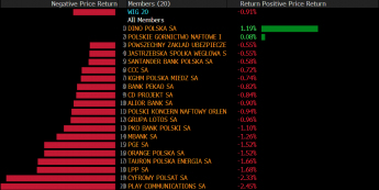 Dzienna zmiana procentowa kursów spółek z WIG20. Źródło: Bloomberg