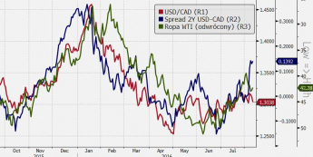 USD/CAD, ropa WTI, spread 2-letnich stóp proc. w USA i Kanadzie <span> Źródło: Bloomberg <span>
