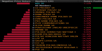 Stopy zwrotu spółek z WIG20 w lutym. Źródło: Bloomberg