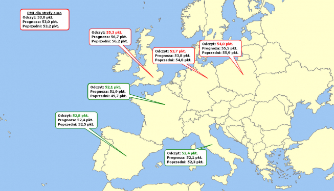 Mapa odczytów przemysłowego PMI w Europie <span> Źródło: TMS <span> Mapa odczytów przemysłowego PMI w Europie <span> Źródło: TMS <span>