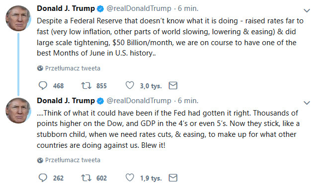 Trump: Fed jak uparte dziecko, USA potrzebują obniżek