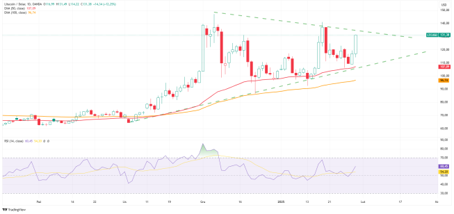 Wykres dzienny kryptowaluty Litecoin, źródło: TradingView Litecoin rośnie o 14%
